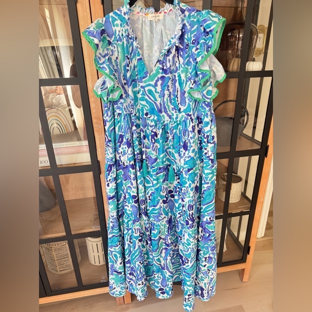 Umgee maxi dress lilly Pulitzer print watercolor ruffle short sleeve tiered